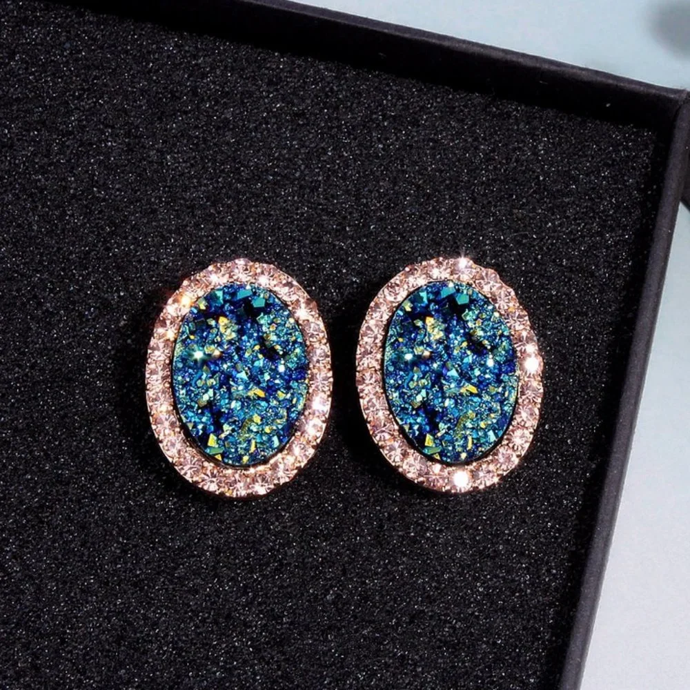 Round Stud Blue Multi Colored Stone with Halo - Picture 4 of 6